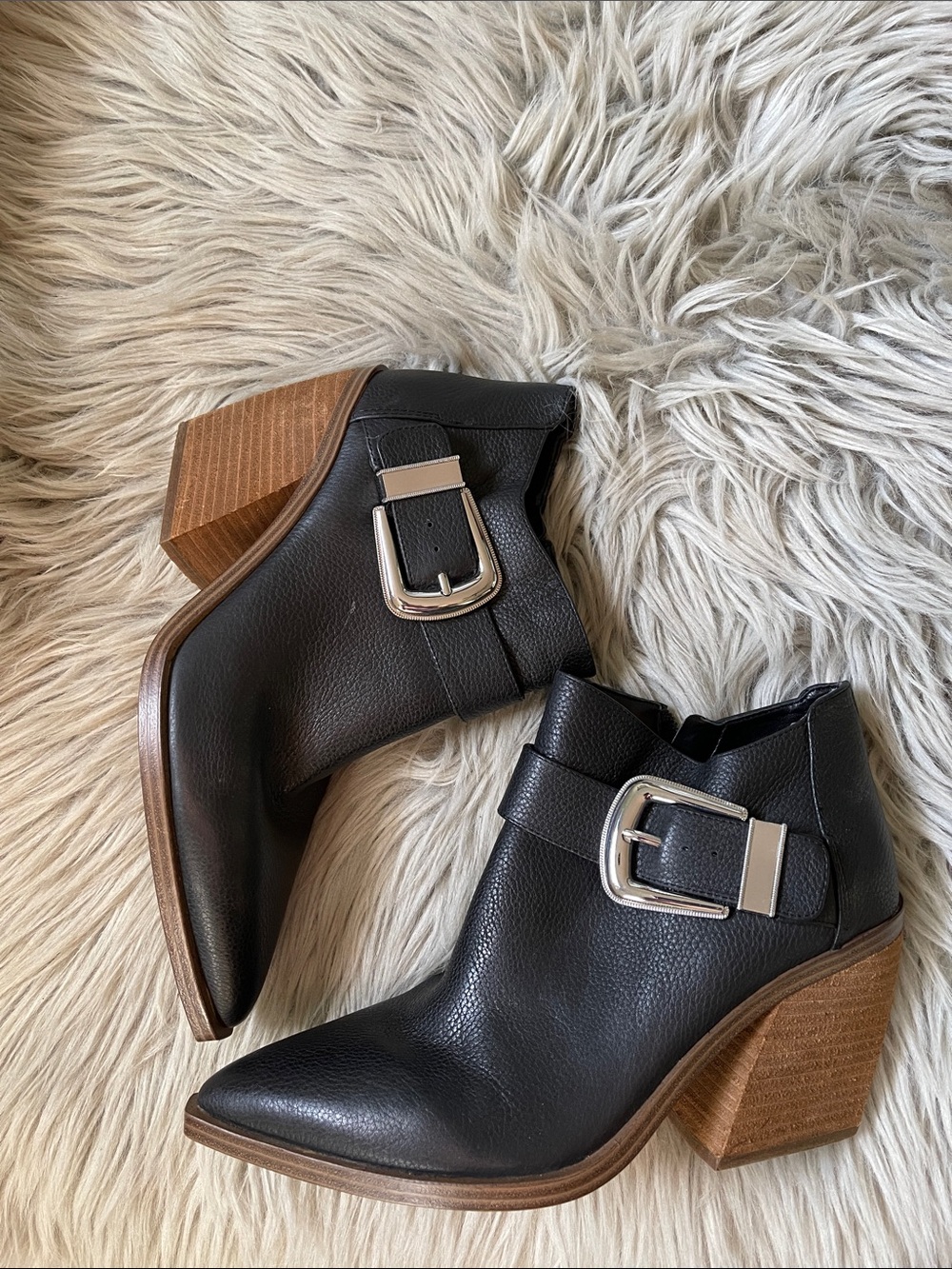 Vince Camuto Black Leather Buckle Ankle Booties
